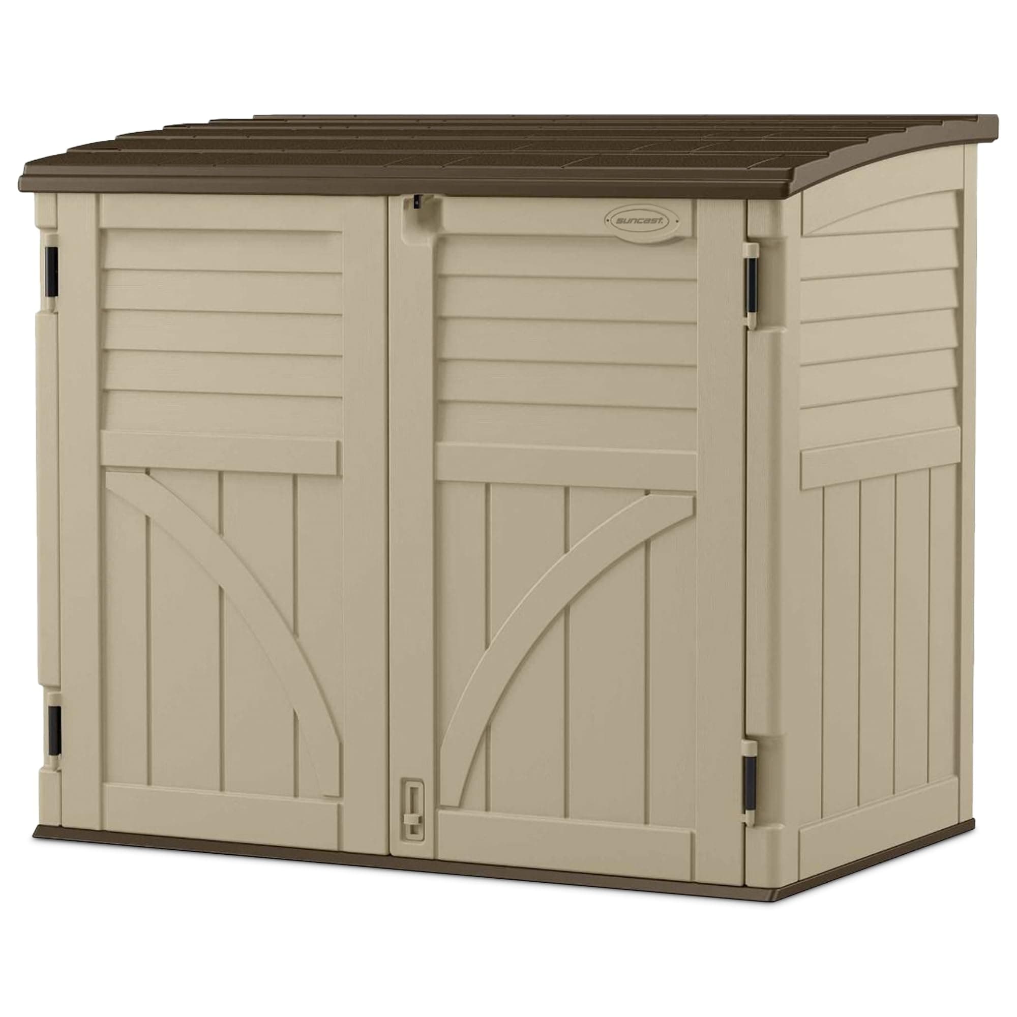 Suncast Horizontal Shed, Compact Outdoor Storage System, 34 Cu. Ft. Capacity, Sand & Slate - Lockable Multi-Wall Resin Organizer for Garbage Cans, Garden Tools, Bins, Bikes and Yard Equipment