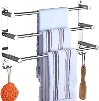 Adjustable Towel Rail 3-Tier Bath Towel Rack SUS 304 Stainless Steel Towel Shelves with Hooks Wall Mounted Towel Holder Towel Bar for Kitchen Bathroom 49-90CM, Chrome
