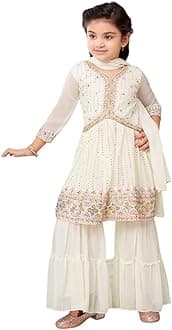 AarikaGirls Ethnic Wear Cream Colour Thread Sequin Embroidery Georgette Kurti Sharara Set