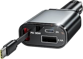 Retractable Car Charger, 3 in 1 Fast Car Phone Charger 50W, 1 TypeC Retractable Cables and USB Port,USB C Car Charger Compatible with iPhone 17/17 Pro Max/16/15/14/13/12/11,for Galaxy S25,Pixel 10