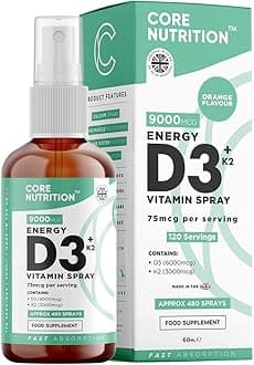 Core Vitamin D3 K2 Spray | 2000iu (50mcg) Vitamin D3 + 25mcg Vitamin K2 (MK7) High Strength | 60ml for 120 Day Supply | 100% Vegan | Natural Orange Vitamin D Spray by Core Nutrition