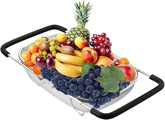 Over the Sink Colander Expandable Stainless Steel Strainer Basket for Kitchen Sink Rinse Veggies and Fruits,Drain Pasta and Small Dishes (Large)