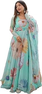 ShasmiWomen's Stylish Floral Printed Orgenza Anarkali Dress Gown, Kurta with Dupatta Set Anarkali Floral Printed Gown with Dupatta