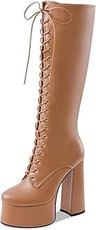 Perisis Women's High Chunky Heel Platform Knee High Boots Fashion Leather Lace Up Heeled Long Boots Wide Calf