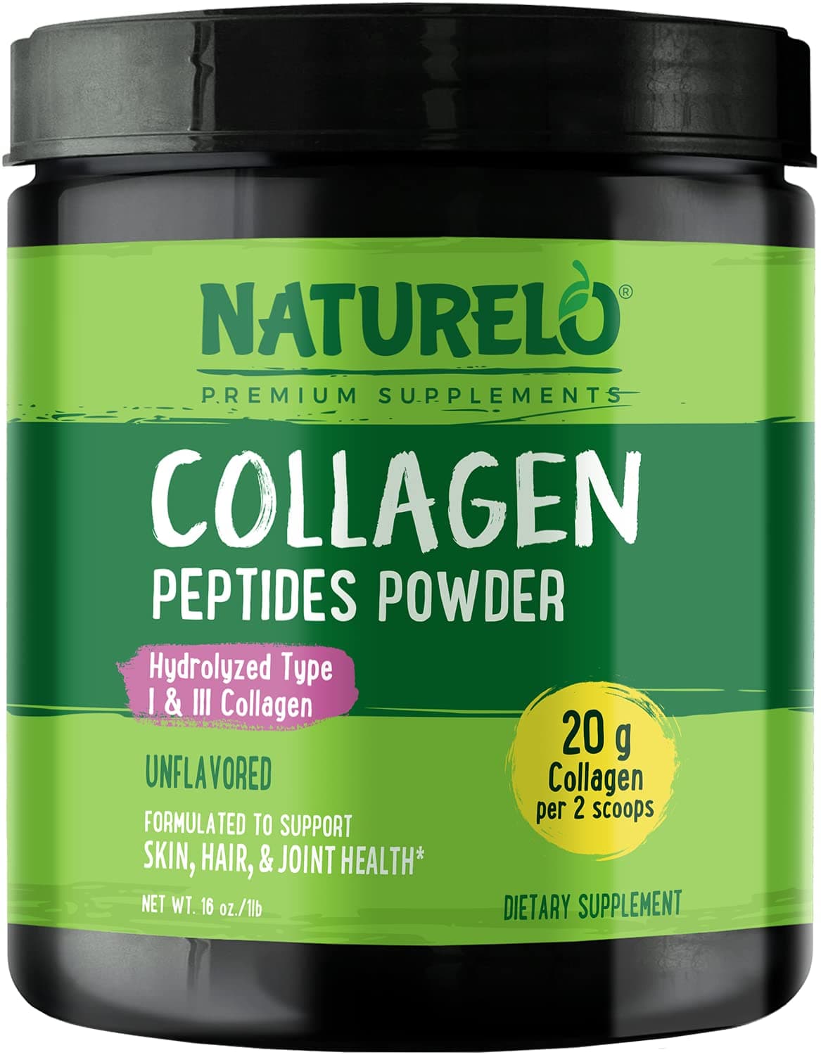 NATURELO Collagen Peptides Powder - Hydrolyzed Collagen Type I & III, Skin Hair & Joint Health - Unflavored - 16 Ounces - 45 Servings