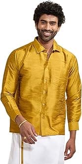 Vastramay Men's Silk Blend Ethnic Shirt | Full Sleeves South Indian Traditional Shirt | Festive, Wedding, Casual Wear
