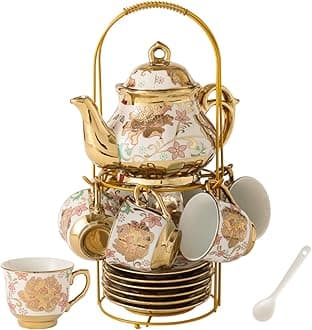 CHANJOON Gold Plated Red Rose Ceramic Tea Set, Vintage Tea Sets with Teapot, Beautiful Tea Set Coffee Serving 6 People (pink, Medium)