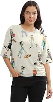 HELLCATBeige Printed Loose Fit Crew-Neck Crop T-Shirt for Women