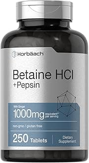Horbäach Betaine HCl with Pepsin | 250 Tablets | Hydrochloride Supplement | with Ginger Root | Non-GMO, Gluten Free