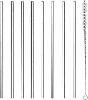 Stainless Steel Straws Metal Reusable Drinking Straw for Juice Iced Coffee Cold Beverage Water Highball Glasses 20oz Tumblers Mugs Cups, 0.24" 6mm Wide 215mm Long, Set of 8 with Brush, Silver