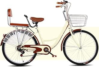 Women Cruiser Bike,Adult Beach Cruiser Bike Mens and Womens Lightweight Bikes with Basket,6-Speed Shifter,Thickened Back Seat Cushion,Suitable for Commuting,Socializing,Hiking,And Vacation.(Color:Beig