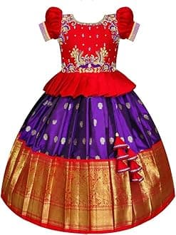 White ButtonNew south Indian traditional pattu pavadai Jecquard Lehenga choli for girls dress