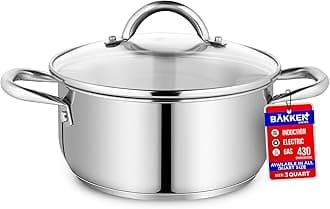 Stainless Steel Stockpot with Tempered Glass Lid 3 Quart, Durable 18/0 Stainless Steel, Impact-Bonded Base for Even Heating, Riveted Handles, Oven & All Stove Compatible, Safe Up To 500°F (260°C)