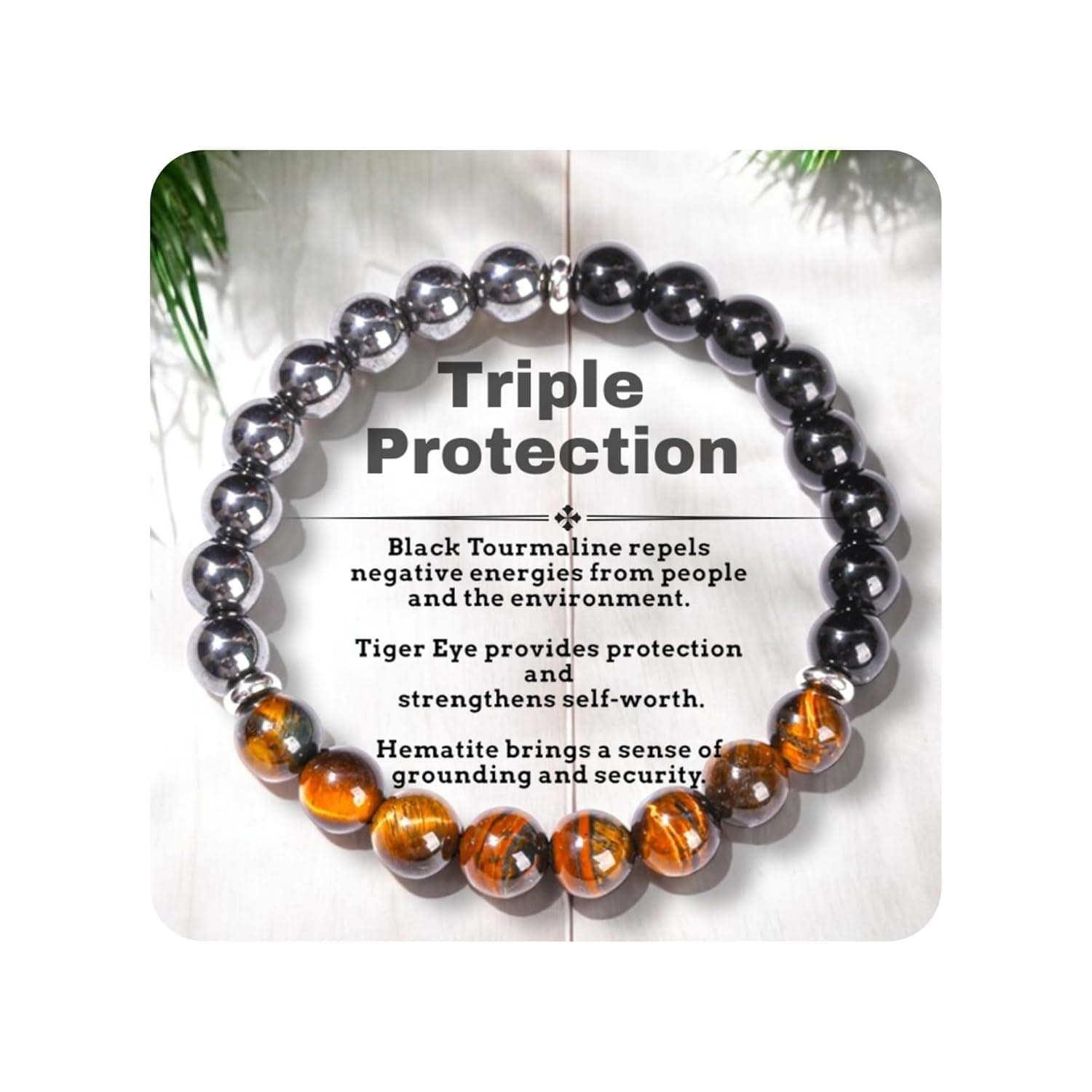 Triple Protection Healing Crystal Beaded Bracelet – Tiger Eye, Black Tourmaline & Hematite Natural Stone Jewelry – Strength & Positive Energy Gift for Men & Women – Christmas & Anniversary