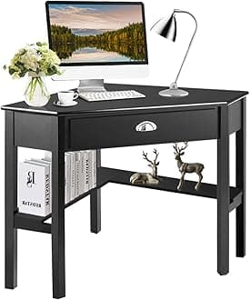 Tangkula Corner Desk, Corner Computer Desk, Wood Compact Home Office Desk, Laptop PC Table Writing Study Table, Workstation with Storage Drawer & Shelves