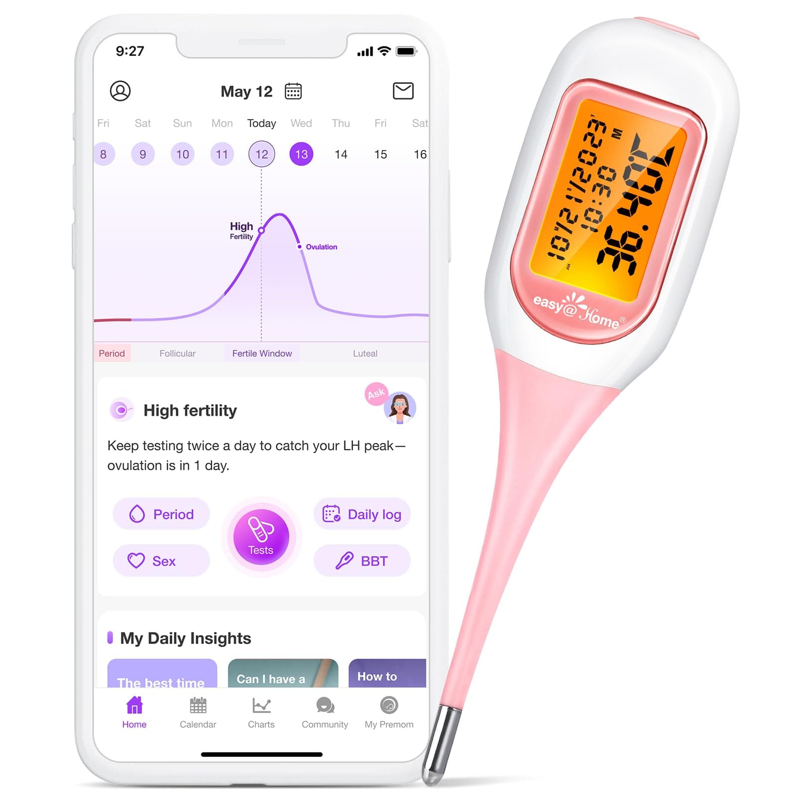 Basal Thermometer for Ovulation, BBT with Backlit LED Screen & Premom APP (iOS&Android) - Digital Basal Thermometer for Fertility Monitor, Trying to Conceive, Auto Sync (Pink)