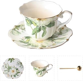 Vintage Floral Porcelain Tea Cup and Saucer Set with Spoon, Gold Trim, 6.4 oz – Set of 1, Green – Tea & Espresso & Coffee Cups (1, White Camellia)