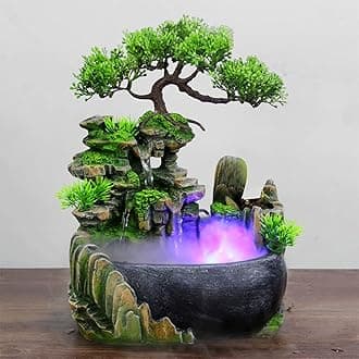 Desktop Fountain Waterfall with Light Rockery Fountain Zen Meditation Plants Stones LED Lamp Indoor Feature with Automatic Pump Relaxation Resin Planter for Office Decoration