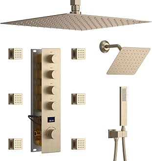 Shower Faucet Set Brushed Gold Shower System Temperature Display Shower Faucet with 12 inch Ceiling Mount and 8 inch Wall Mount Shower Head, with 6 PCS Body Jets and Handheld Spray