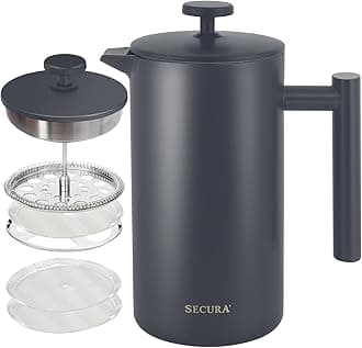 Secura French Press Coffee Maker, 304 Grade Stainless Steel Insulated Coffee Press with 2 Extra Screens, 34oz (1 Litre), Grey