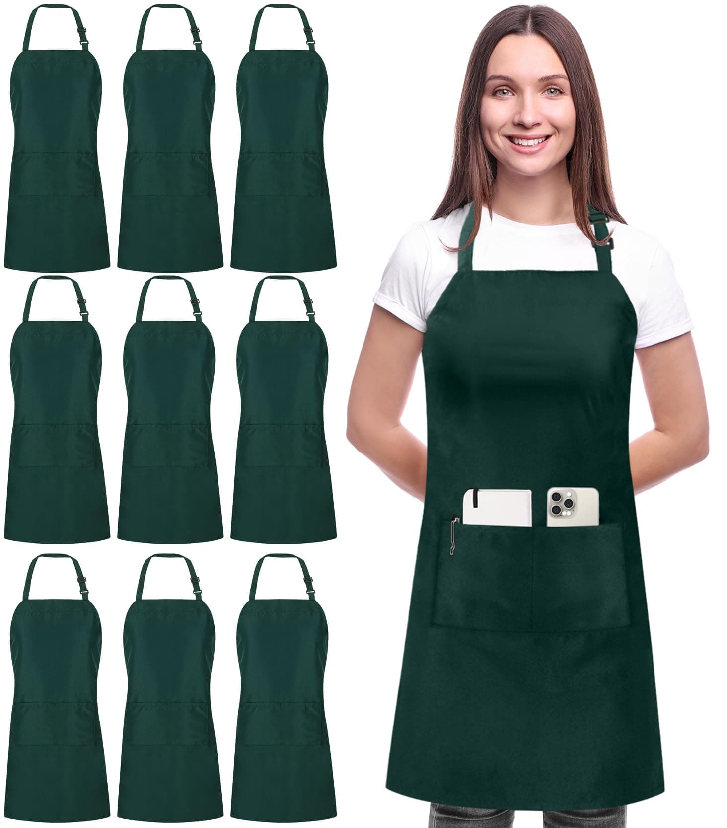 Utopia Kitchen 10 Pack Bib Apron, Unisex Adjustable Aprons with 2 Pockets, Waterdrop Resistant Cooking Kitchen Chef Apron for Men Women