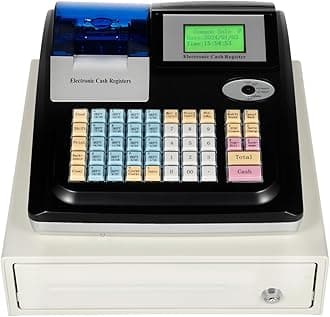 Electronic Cash Register for Small Businesses w/Drawer, POS System 48 Keys LED Display 4 Bill/4 Coin Integrated Cash Drawer and Receipt Printer Cash Register for Retail Store Supermarket