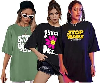 London HillsWomen's Cotton Oversized Fit Printed Round Neck Oversized T-Shirt | Loose Fit Drop Shoulder T-Shirt Pack of 3