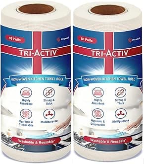 Tri-Activ Washable & Reusable Kitchen Towel Roll | 80 Pulls per Roll, 160 Sheets Pack of 2 | Highly Absorbent Kitchen Tissue Roll | Non Woven Fabric | Better alternative to Paper Tissue Roll | White