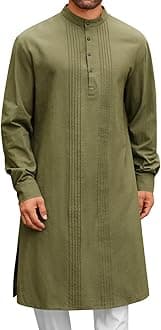 Mens Kaftan Robe Button Down Long Sleeve Cotton Linen Thobe Casual Muslim Gown Henley Shirt