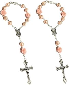 2 Pieces Car Rosary & Cross Pendant Hanging Accessories, Rearview Mirror Ornament for Interior Decor (Pink)