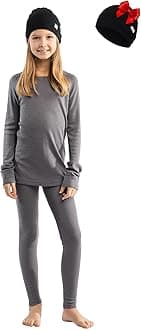 Merino Wool Base Layer Kids Set - Midweight Unisex Merino Wool Thermal Underwear For Kids Top, Bottom, Cuff Beanie