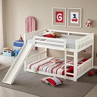 Full Over Full Bunk Bed with Slide & Ladder for Kids Bedroom,Wood Bed Frame with Safety Rails & Headboard and Footboard,No Box Spring Needed,White