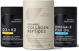 Sports ResearchVitamin D3 + K2 (5000iu), Organic Collagen Peptides (Unflavored) and Triple Strength Omega 3 Fish Oil (1250 mg)
