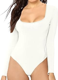 MANGDIUP Women's Essential Bodysuit - Scoop Neck Long Sleeve Slim Fit Stretch Cotton Spandex Jumpsuit