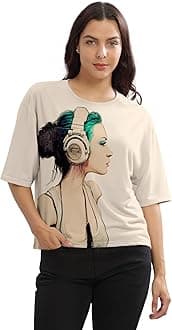 HELLCATBeige Printed Loose Fit Crew-Neck Crop T-Shirt for Women