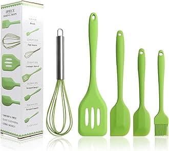 Kitchen Utensils Set, Green 5 Pieces Silicone Spatulas Set - Basting Brushes - Pastry Oil Brush - Egg Beater - Slotted Turner - Silicone Cooking Spatula Non-Stick