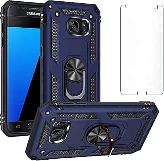 Phone Case for Samsung Galaxy S7 with Tempered Glass Screen Protector Stand Ring Holder Shockproof Silicone Heavy Duty Accessories Magnetic Metal Hard Kickstand galaxys7cases Cover cases Girls Blue
