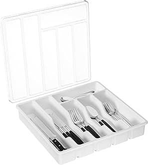 Lifewit Silverware Organizer with Lid, Covered Utensil Tray for Kitchen Drawer and Countertop, Plastic Cutlery and Flatware Storage Box for Spoons Forks Knives Holder Case, 6 Compartments, White