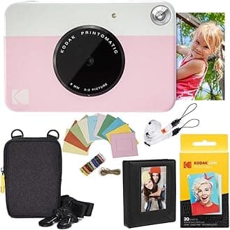 Kodak Printomatic Instant Camera (Pink) Deluxe Bundle + Zink Paper (20 Sheets) + Deluxe Case + Photo Album + Hanging Frames + Comfortable Neck Strap
