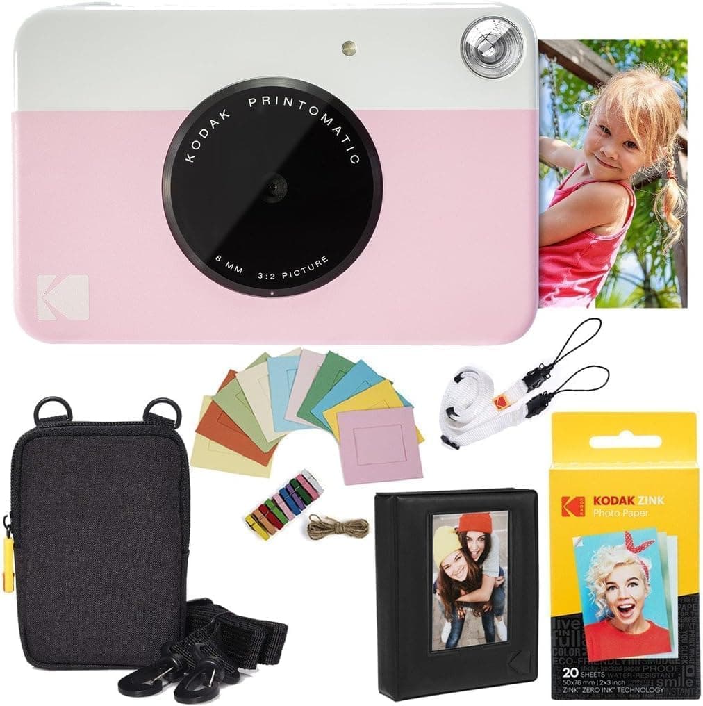 Printomatic Instant Camera Bundle (Pink) Zink Paper (20 Sheets) - Case - Photo Album - Hanging Frames.