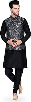- Men's Silk Blend Kurta Churidar Pyjama with Ethnic Bundi Jacket Set