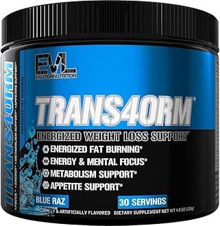 Evlution Thermogenic Fat Burning Support Powder Nutrition Trans4orm Fast Acting Energy Powder to Support Fast Metabolism Weight Loss and Mental Focus with CLA Carnitine and Alpha GPC - Blue Raz