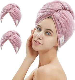 2 Pack Microfiber Hair Towel Wrap,Hair Drying Towel with Button, Hair Towel Turban,Head Towel to Dry Hair Quickly (Bean Pink)