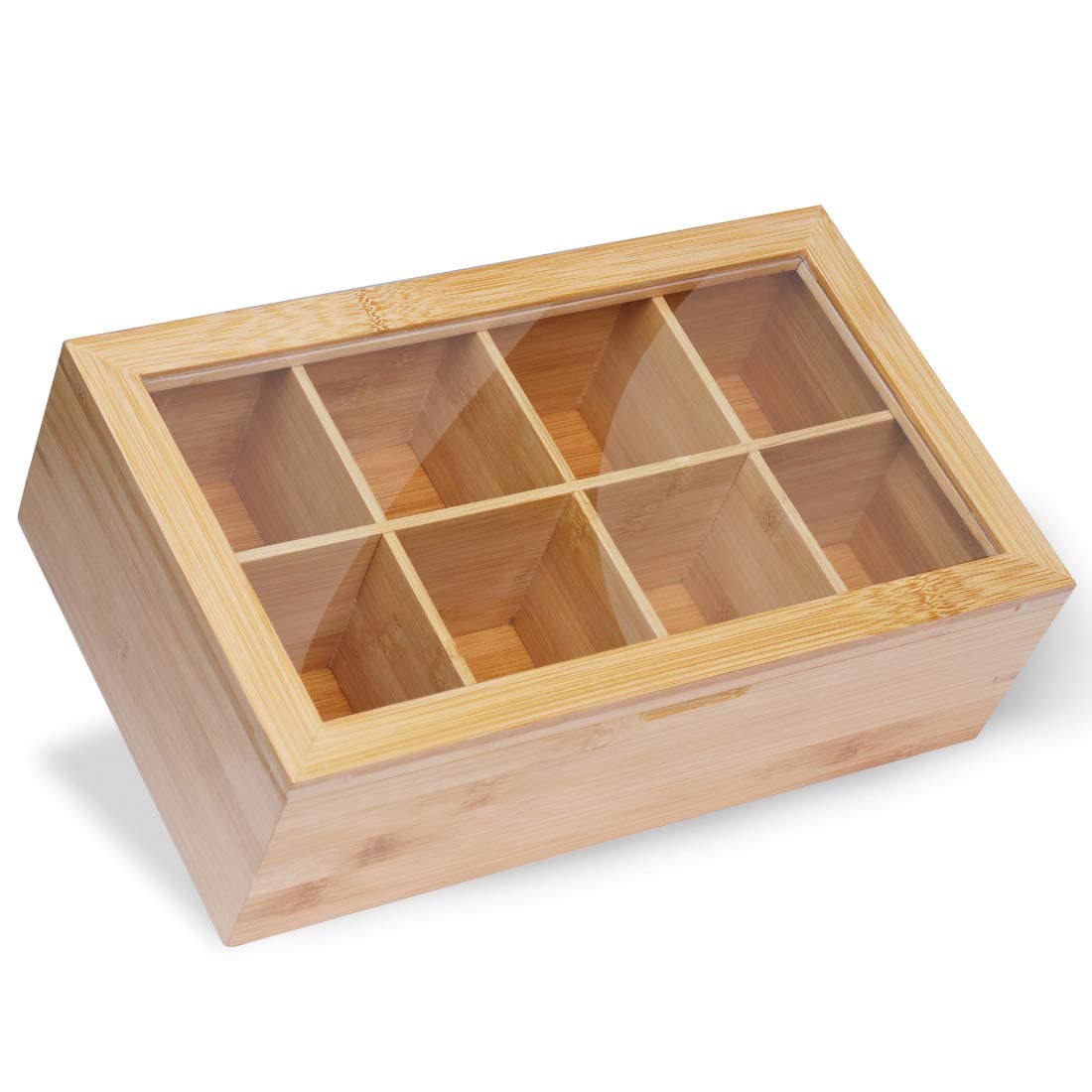 Ecbanli Bamboo Tea Box, Tea Bag Caddy Organizer Boxes with 8 Deep Compartments, Natural Wooden Finish