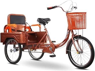 Adult Tricycle Seniors 3 Wheel Bikes with Large Size Basket and Back Seat, 20 Inch Three-Wheeles Cruise Bicycles Bike for Recreation, Shopping, Exercise Men's Women's Bike,Orange