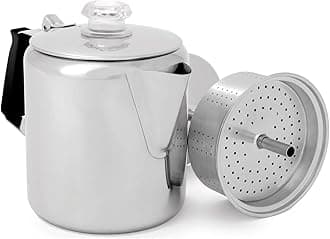 GSI Outdoors Percolator Coffee Pot I Glacier Stainless Steel with Silicone Handle for Camping, Backpacking, Travel, RV & Hunting - Stove Safe