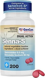 GenCare - Senna-S Natural Vegetable Laxative Plus Stool Softener Dual Action (200 Tablets) Value Pack | Gentle Dependable Overnight Relief of Occasional Constipation Generic for Senokot-S
