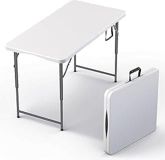 4 Feet Foldable Table Adjustable Height with Built in Handle, Steel Legs | Heavy Duty Portable | Perfect for Party, Dining, Wedding, Events, Picnic Indoor, Outdoor, Camping, Utility, Folding