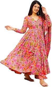 Georgette Lace Work Printed flared Kurta Pant With Dupatta Set