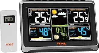 VEVOR 7 in 1 Wireless Indoor Outdoor Weather Station 7.5" Large Color Screen Digital Weather Station with Sensor Atomic Clock Adjustable Backlight Calendar Weather Forecast Temperature
